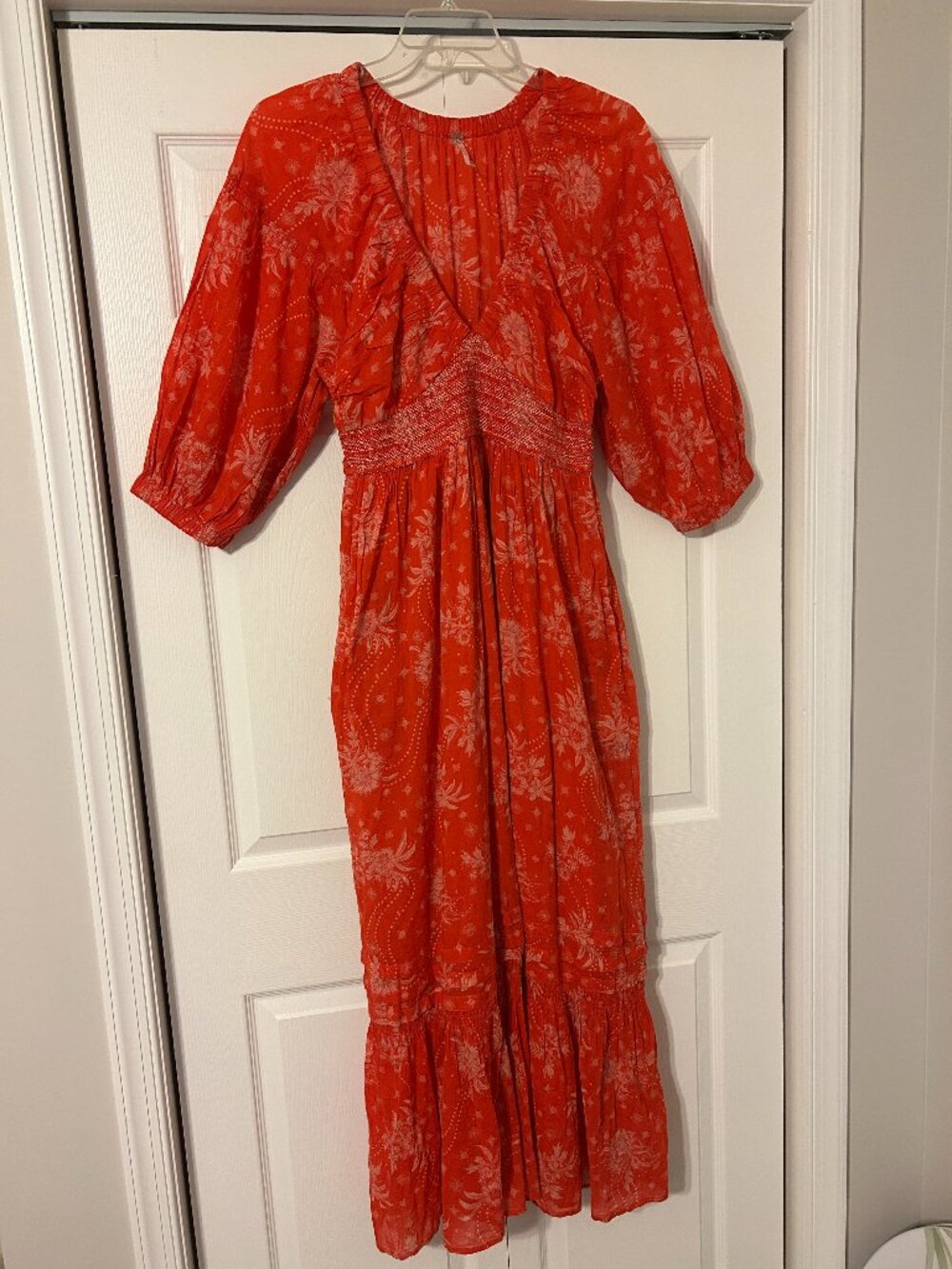 FREE PEOPLE Sz M Cherry Red V-Neckline Pockets GOLDEN HOUR Maxi Dress BOHO